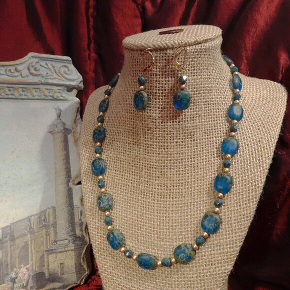 Czech glass necklace/earring set in Mediterranean blue with Picasso matte finish - Picture 6 of 9